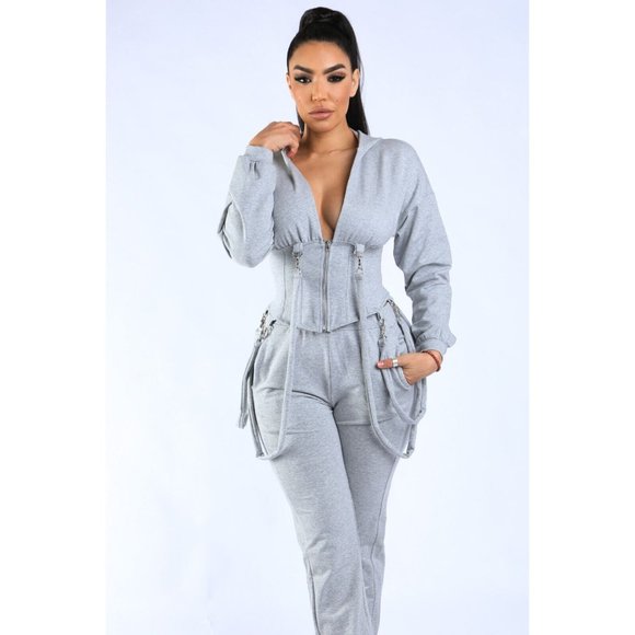 Women's Long Sleeve Zip-Up Strappy Terry Casual Hoodie Two-Piece Set Super Cute - Picture 9 of 11